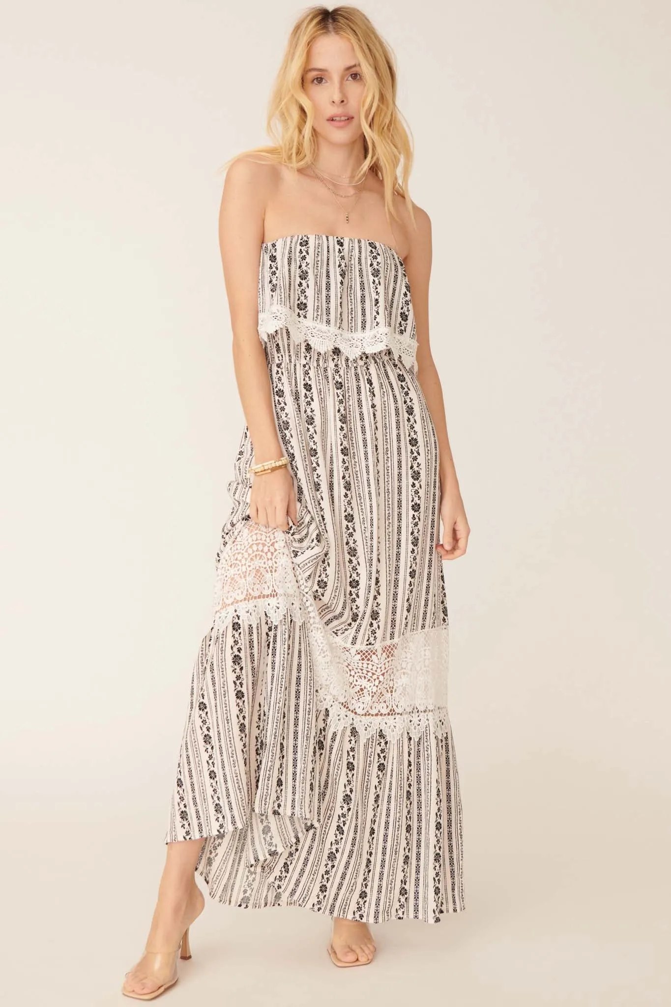 Windsong Strapless Floral and Lace Maxi Dress