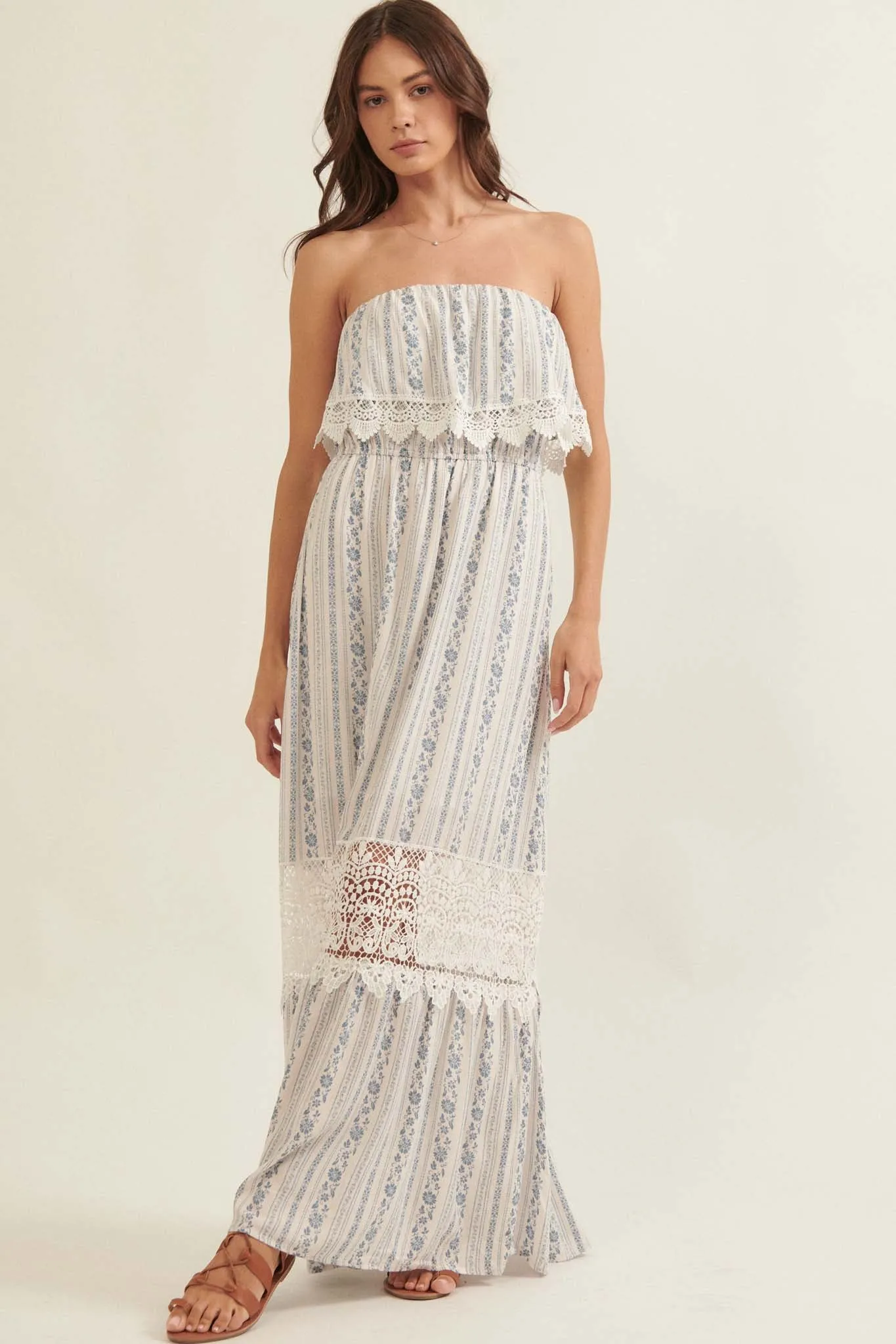 Windsong Strapless Floral and Lace Maxi Dress