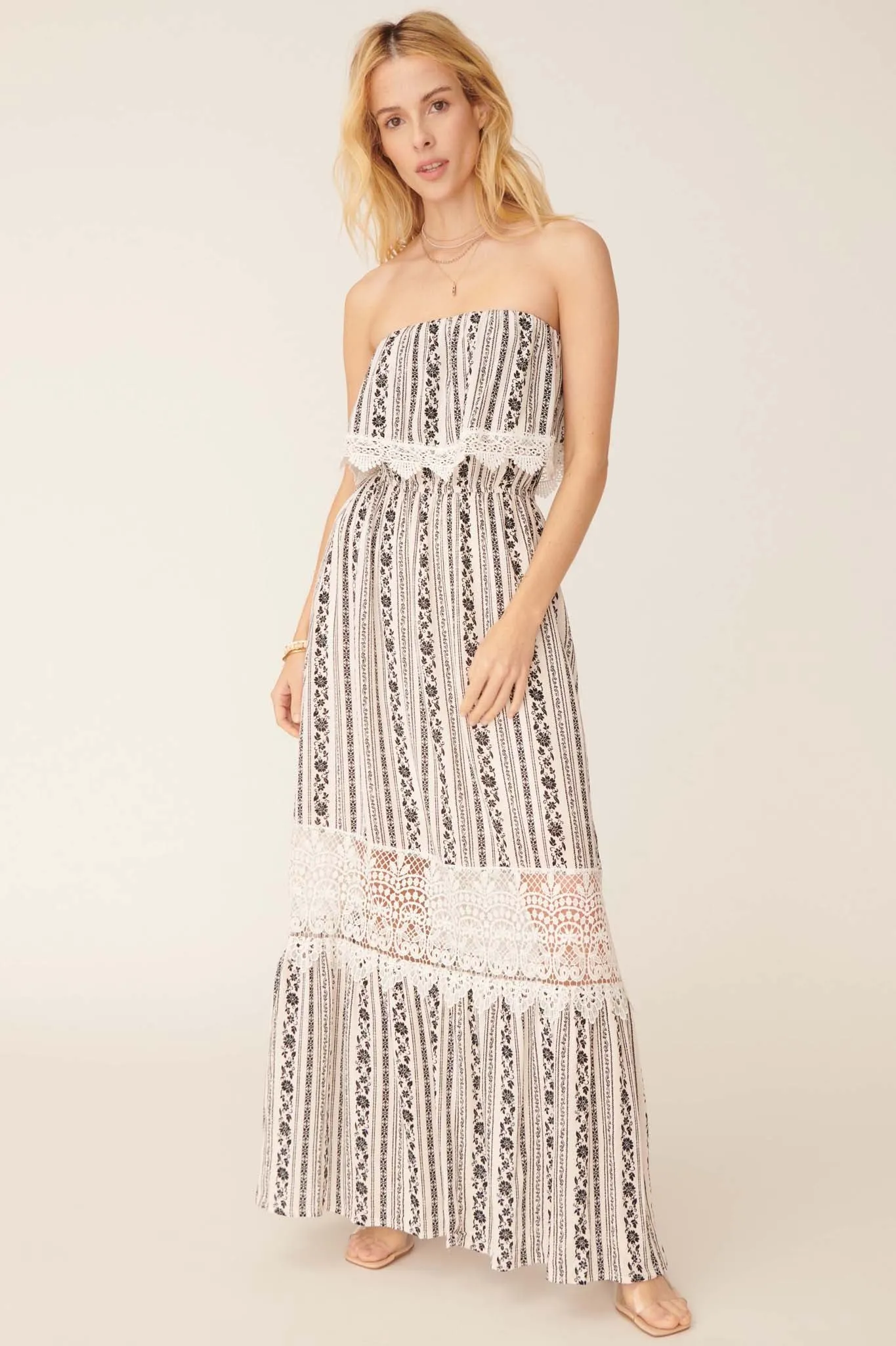 Windsong Strapless Floral and Lace Maxi Dress