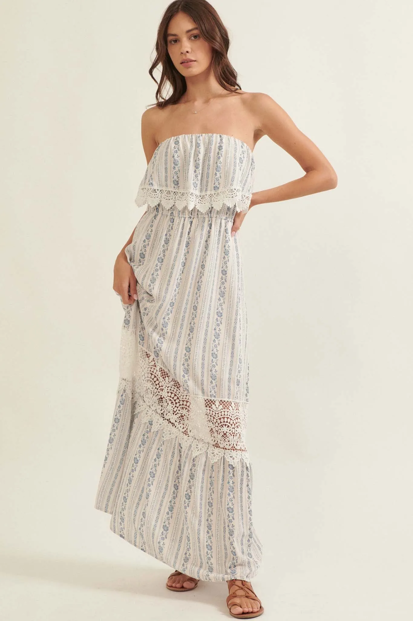 Windsong Strapless Floral and Lace Maxi Dress
